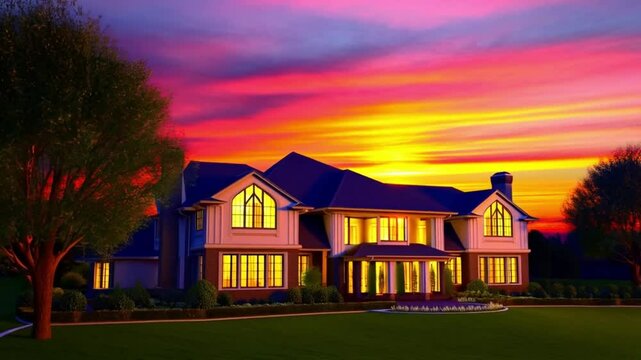 Hand-holding house key with Elegant Luxury Home Glowing Windows at Stunning Sunset slow motion