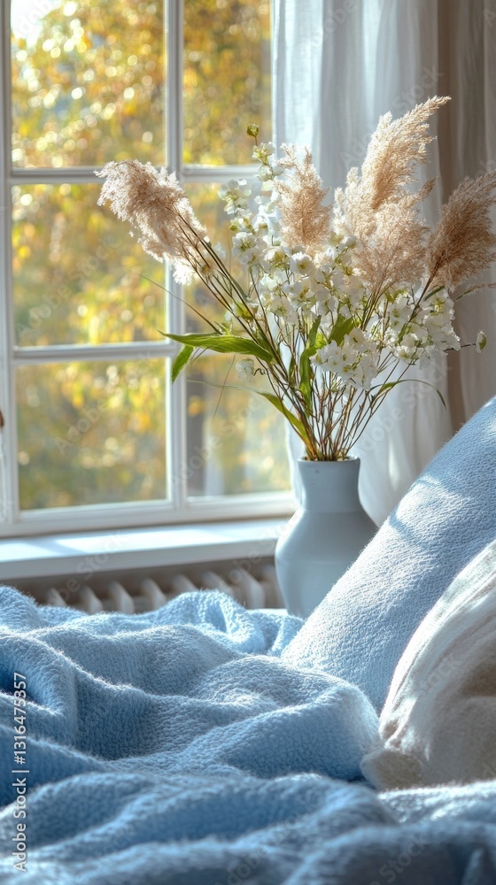 Poster soft morning light streams through a window into a tranquil bedroom. a vase filled with delicate flo