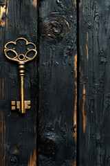 Vintage Golden Key Resting on Dark Wooden Surface for Minimalism