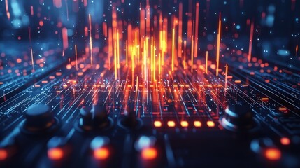 Futuristic Digital Landscape with Bright Orange and Blue Glow on Abstract Technology Background