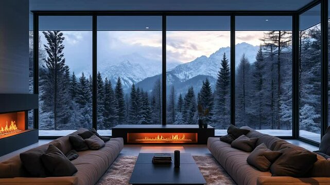 Living room with a fireplace and snowy view.