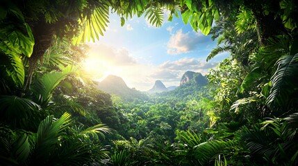 Lush Green Tropical Jungle Landscape with Sunlight and Mountains