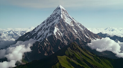 A majestic snow capped mountain emerges from the cloud covered landscape
