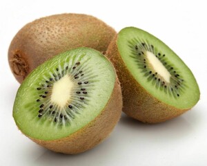 Fototapeta premium Close-up of a healthy kiwifruit halved on a white background.