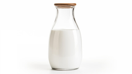 Glass Bottle of Milk Wooden Lid White Background