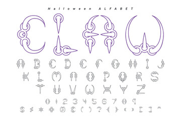 Halloween font letters alphabet, poster with dark night forest