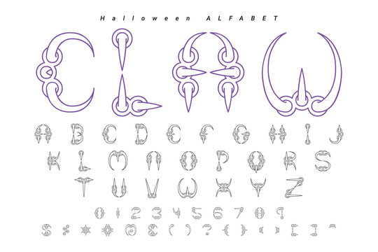 Halloween font letters alphabet, poster with dark night forest