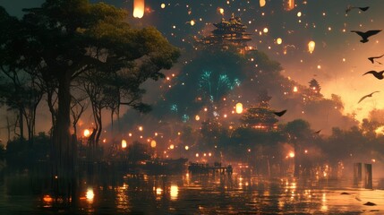 Fototapeta premium Enchanting Night Floating Lanterns over a Mystic River Village