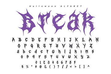 Halloween font letters alphabet, poster with dark night forest