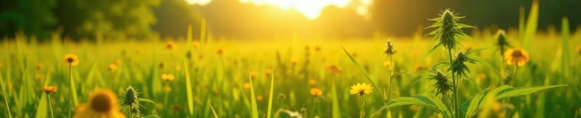 Fototapeta premium Hemp dogbane in a field with tall grass and wildflowers, sun, cannabinum, sunlight