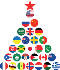 Christmas tree. National flags in circle shape. National flags set. New year tree