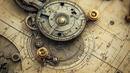 Fototapeta premium Intricate Vintage Clock Mechanism with Gears and Detailed Diagrams in Antique Style