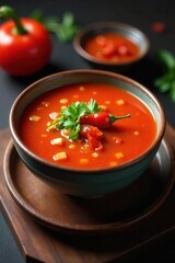 Spicy sour soup, vibrant red broth, chili garnish, vinegar, Asian food, restaurant