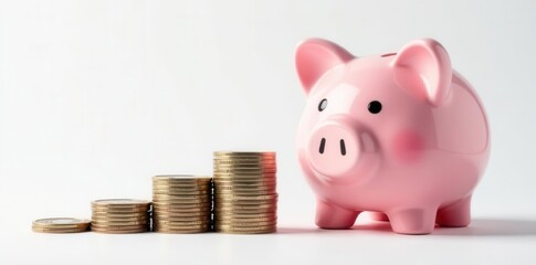 Stacked coins ascending next to pink piggy bank, white background, short-term, saving, financial planning