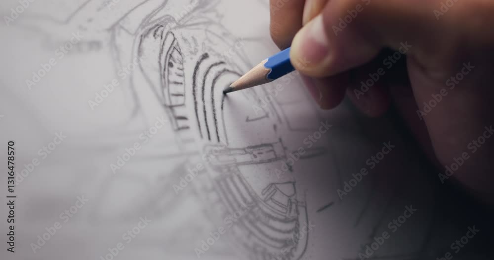 Poster hands, drawing and design for car in workshop, closeup and editing process for deadline at night. pe