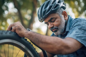 Obraz premium A mature Indian man wearing a cycling helmet and checking his bike's tires before heading out for a ride on a sunny morning, in a park or open field.