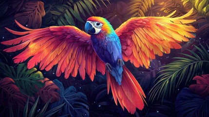 Obraz premium Vibrant Parrot with Colorful Plumage Flying Through Lush Tropical Foliage in a Stunning Digital Artwork