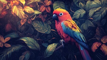 Fototapeta premium Vibrant Parrot Perched Amidst Lush Greenery in a Colorful Tropical Forest Setting