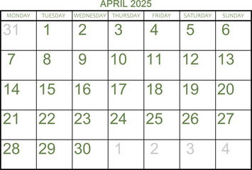 Calendar grid for the month of April 2025