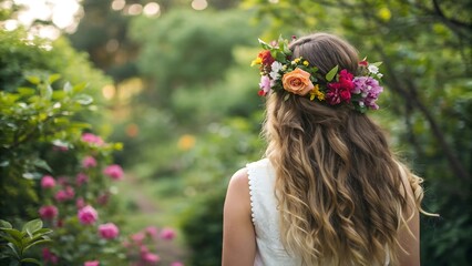Naklejka premium back view of a woman with flowers in her hair