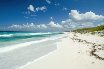 Fototapeta premium a serene beach with pristine white sand, turquoise water, lush greenery, and a clear blue sky creating a perfect tropical paradise destination
