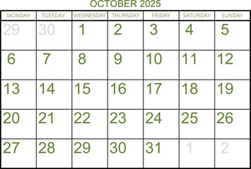 Calendar grid for the month of October 2025