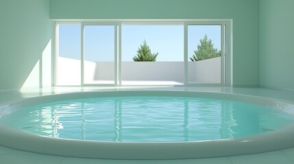 Fototapeta premium Modern Minimalist Indoor Pool Area with Serene Water and Large Windows Overlooking Lush Greenery in a Bright and Spacious Environment