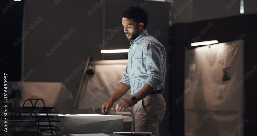 Poster stress, architect and man in office, frustrated and working late for deadline, anxious and overtime.