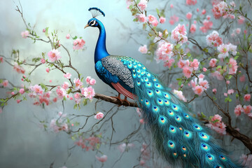 Obraz premium Regal Peacock Amongst Blossoms: A resplendent peacock, with vibrant plumage and elegant crest, perches gracefully on a branch, surrounded by delicate pink blossoms.