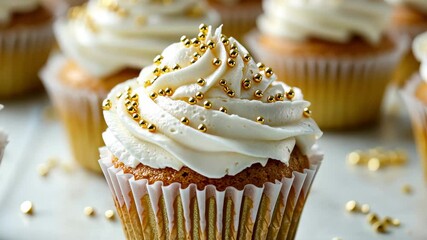Delicious golden sprinkle cupcakes with creamy white frosting ready for any celebration, Cupcakes with white frosting and sprinkles, golden themed celebrating style