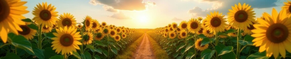 Obraz premium Sun-drenched path cuts through tall Wisconsin sunflowers , yellow, beautiful