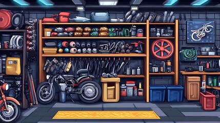 Well-Equipped Garage Workshop: Digital Painting of a Motorcycle Mechanic's Space AI Generated