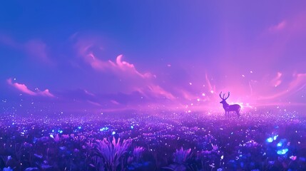 Naklejka premium Majestic Deer in a Dreamlike Purple Meadow at Sunset