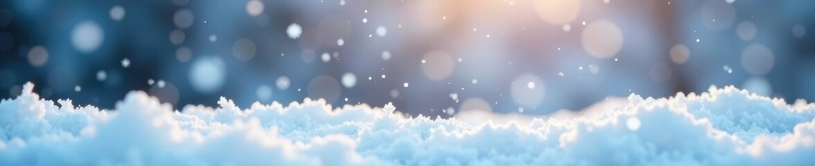 Naklejka premium Snowflakes gently falling on a blanket of white, soft focus, snowfall