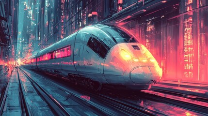 Naklejka premium Futuristic High-Speed Train in Neon Urban Landscape with Glowing Lights and Modern Architecture