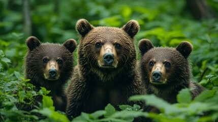 Obraz premium Three brown bears sitting among lush green foliage staring ahead