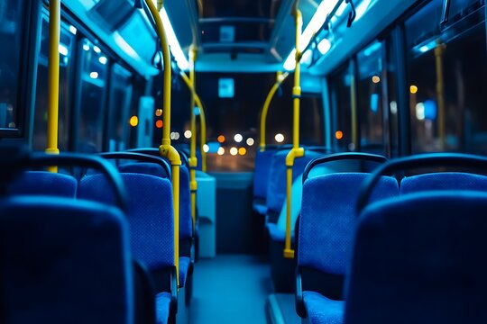 Empty public bus interior at night, traveling, city lights in background, for transportation