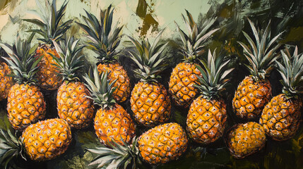 Fototapeta premium Vivid pineapple arrangement captured in expressive impasto style painting