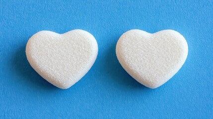 Fototapeta premium Two white heart-shaped candies on a blue background, evoking feelings of love and sweetness.