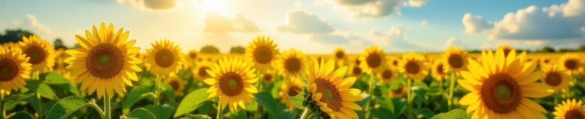 Fototapeta premium Sunflowers ablaze in summer field, vibrant yellow blooms , landscape, sunflowers