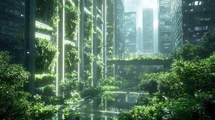 Lush Urban Oasis with Vertical Gardens in Futuristic Skyscrapers Surrounded by Misty Atmosphere and Reflections