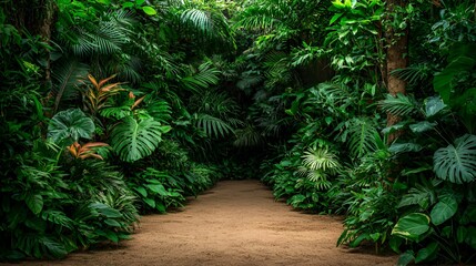 Lush Green Tropical Jungle Path with Sunlight Dappled Through Dense Foliage