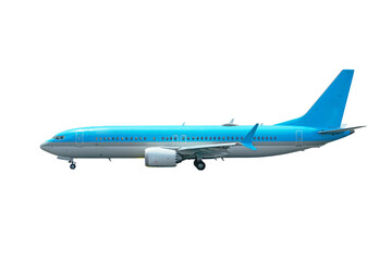 Commercial blue jet airplane isolated on white background with clipping path side view