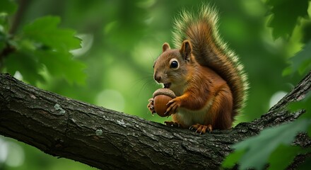 木漏れ日差し込む緑葉の中で、リスがどんぐり美味しそうに食べる. AI Generated