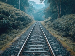 Fototapeta premium Mystical railway journey through dense greenery leading to an unknown destination
