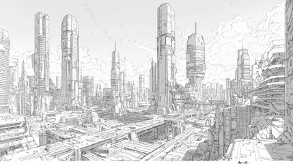 Obraz premium Futuristic Urban Landscape with High-Rise Buildings and Advanced Infrastructure in a Science Fiction Setting