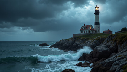 Obraz premium Dramatic lighthouse illuminating stormy seas at twilight, maritime beauty