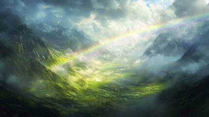 Majestic rainbow arching over a lush green valley nestled between misty mountains.
