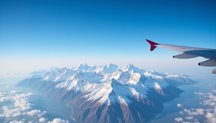 Fototapeta premium Breathtaking view of snow-capped mountains from airplane window, adventure