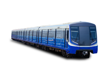 Electric city train long long of carriages composition wagons, isolated on white background